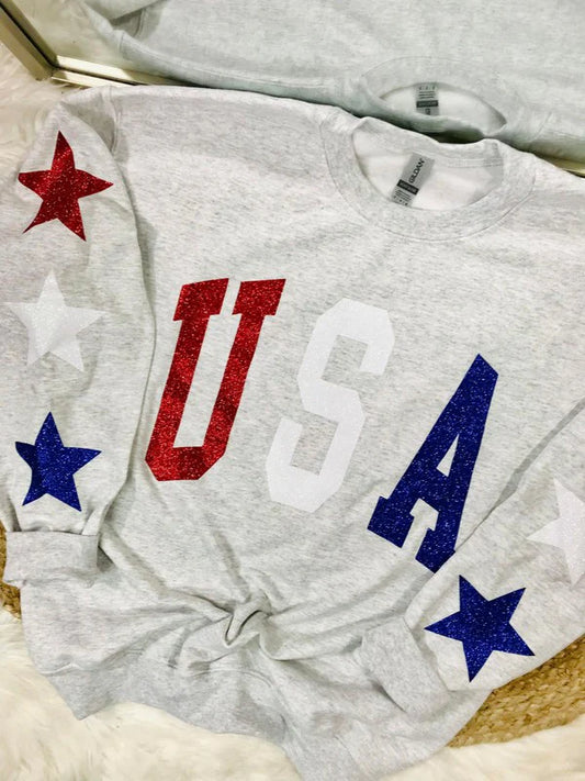USA Glitter Sweatshirt With Star Sleeve Details