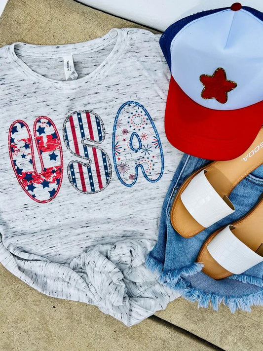 USA Patterned Bubble Letters Marble Tee