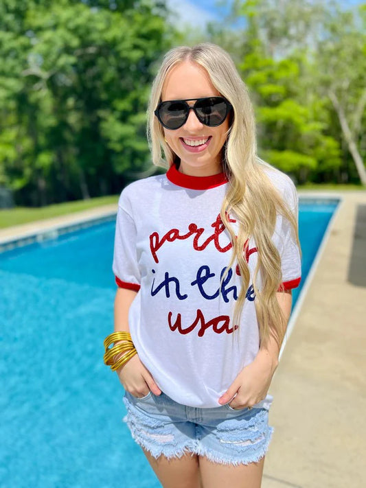 Party In The USA Glitter Ringer Tee