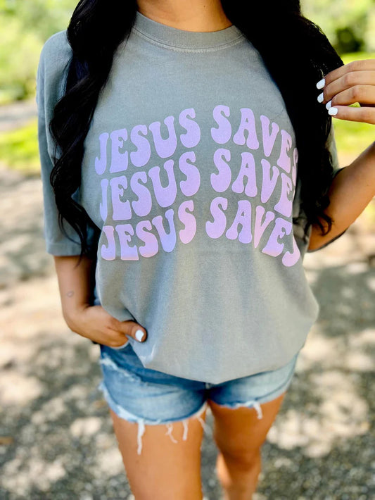 Jesus Saves Retro Stacked Puff Tee
