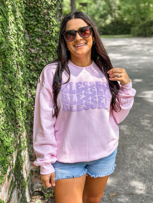 Retro Wavy Stacked Blessed Puff Sweatshirt