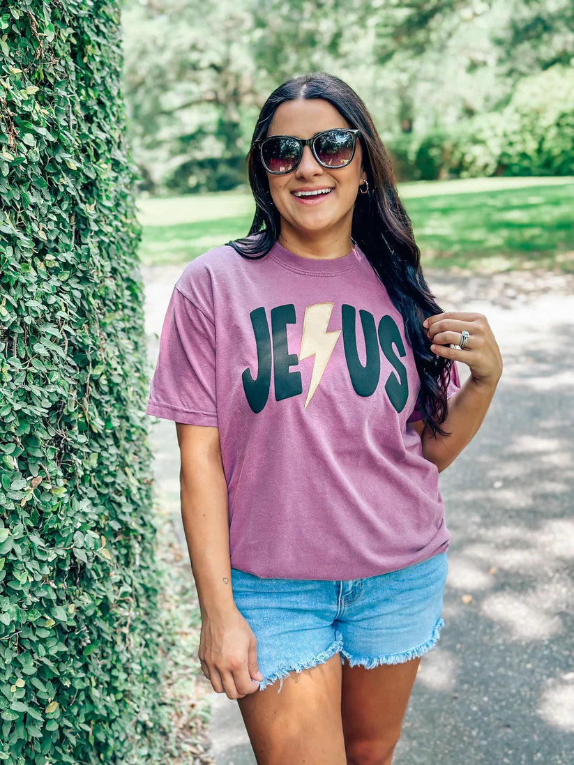 Jesus Curved Gold Lightning Bolt Puff Tee