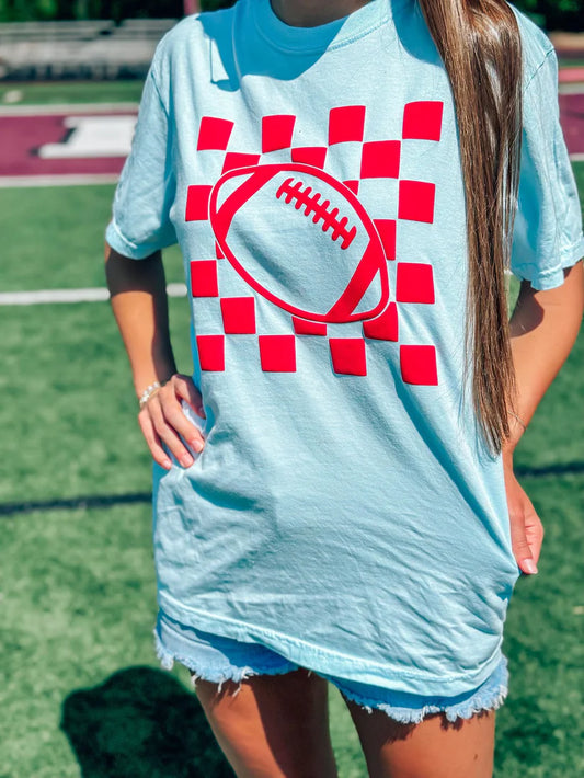 CUSTOM Colored Checkered Football School Spirit Puff Tee