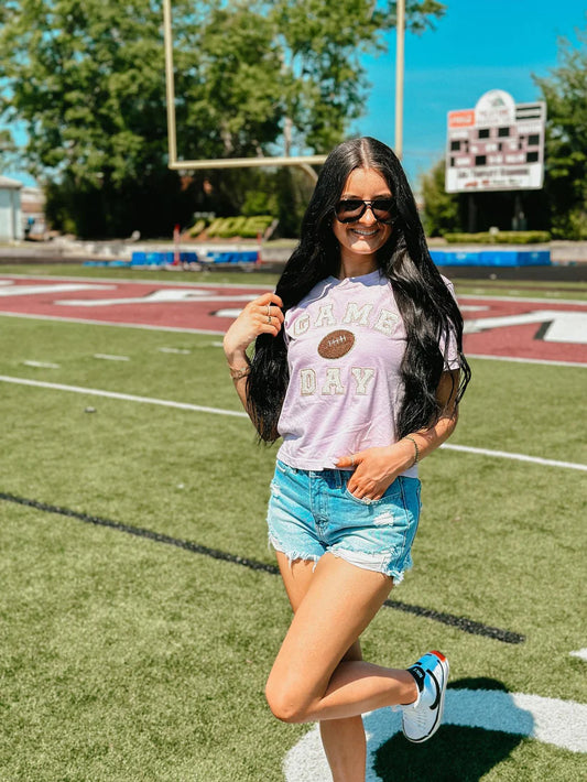 Game Day Football Rose Gold Chenille Patch Midi Cropped Tee