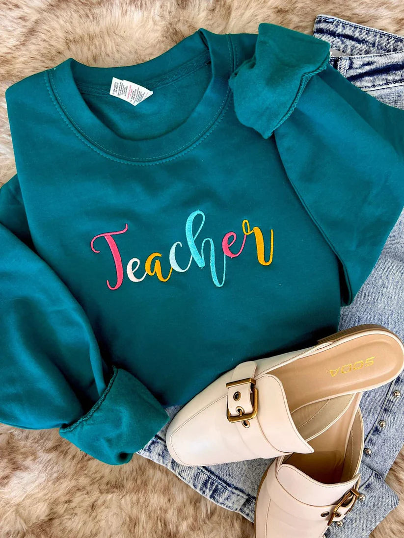 Teacher Rainbow Cursive Embroidered Sweatshirt