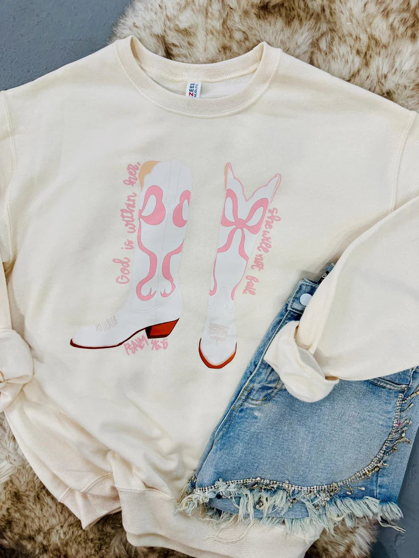 God Is Within Her Pink Boots DTF Sweatshirt