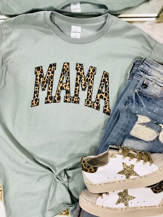 Mama Varsity Leopard Applique Tee