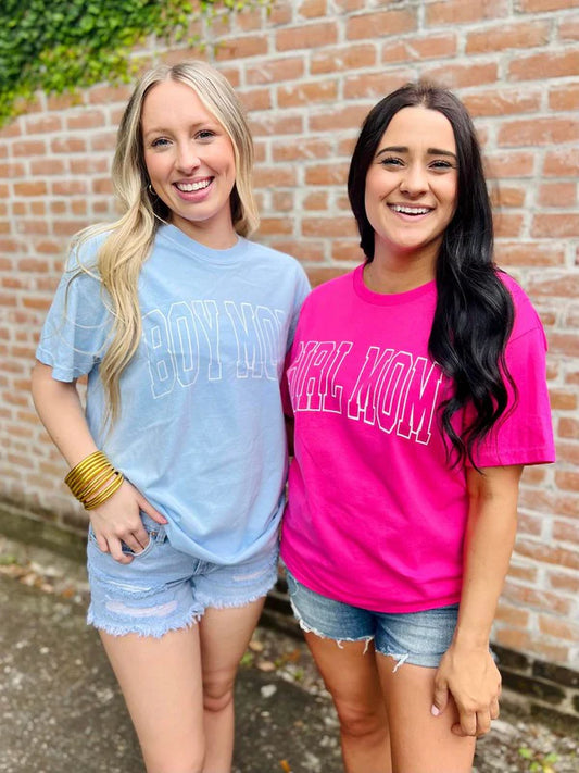 Girl Mom and Boy Mom Pearl Vinyl Varsity Tees