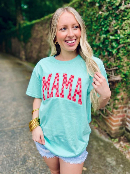 Mama Pink and Red Checkered Applique Tee