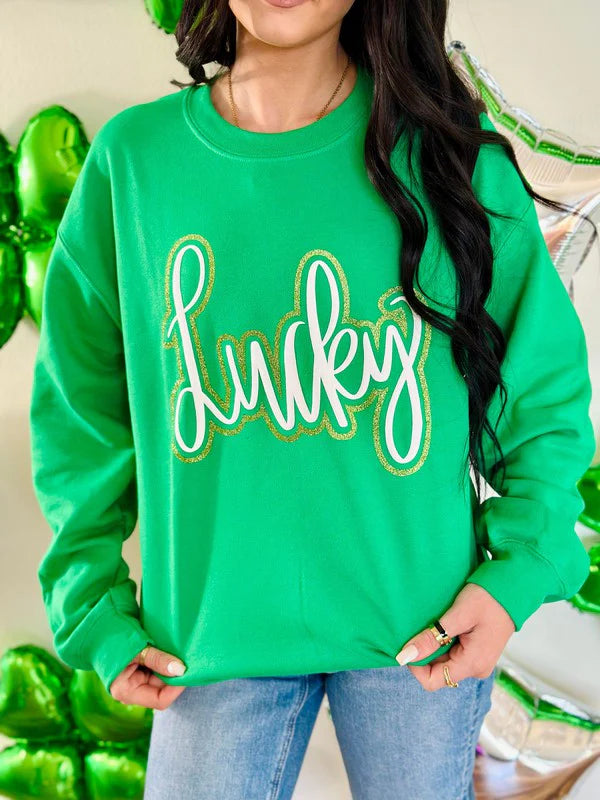 Lucky Cursive Double Puff-Glitter Sweatshirt