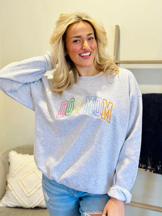 Dog Mom Multi Color Varsity Embroidered Sweatshirt