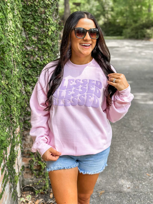 Retro Wavy Stacked Blessed Puff Sweatshirt