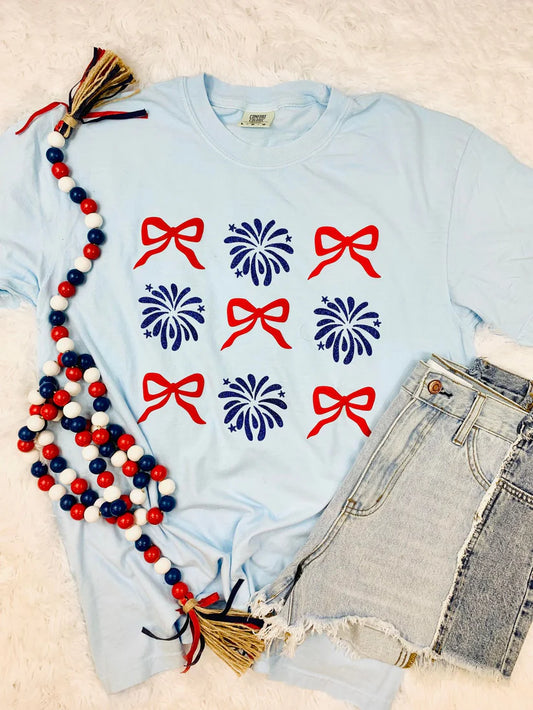 Firework Bow Trio Stack Puff Glitter Tee