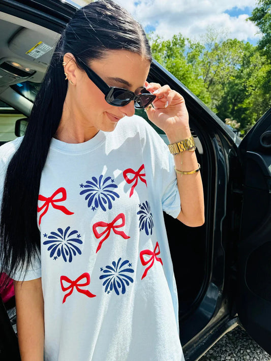 Firework Bow Trio Stack Puff Glitter Tee