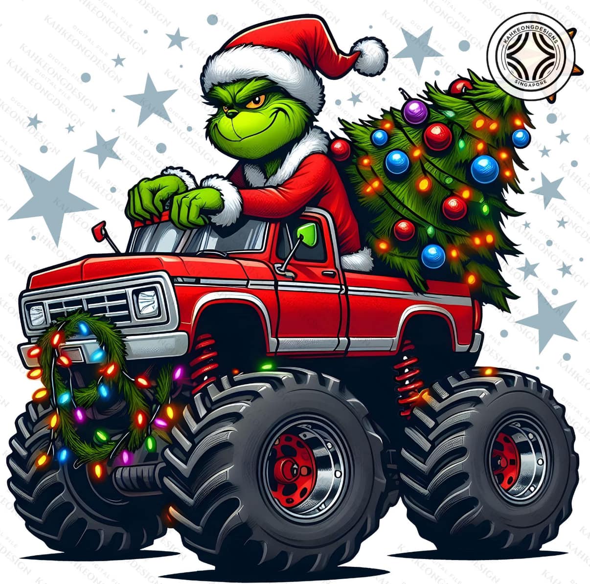 Grinch-Santa on a truck with a Christmas tree