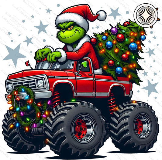 Grinch-Santa on a truck with a Christmas tree