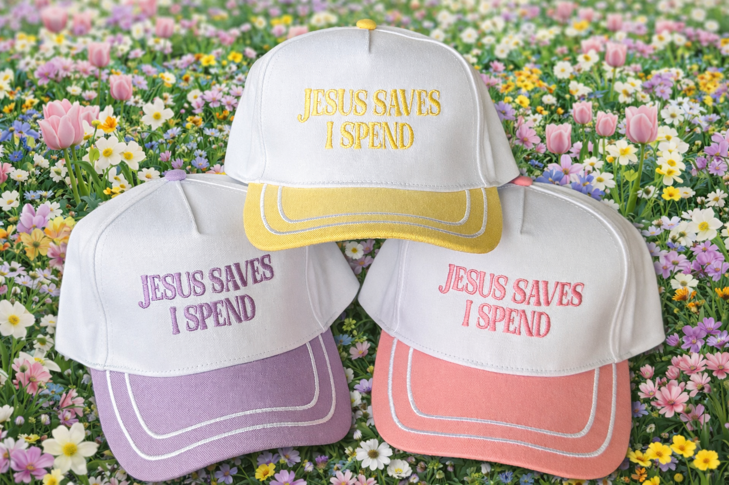 Jesus Saves I Spend Two Tone Hats