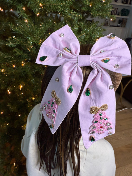 Festive Christmas Hair Bow-pink xmas tree