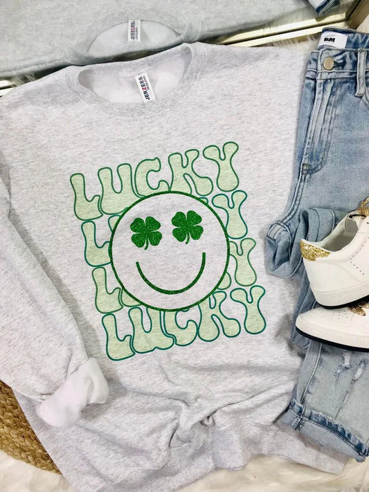 Lucky Happy Face Glitter & Sublimation Sweatshirt