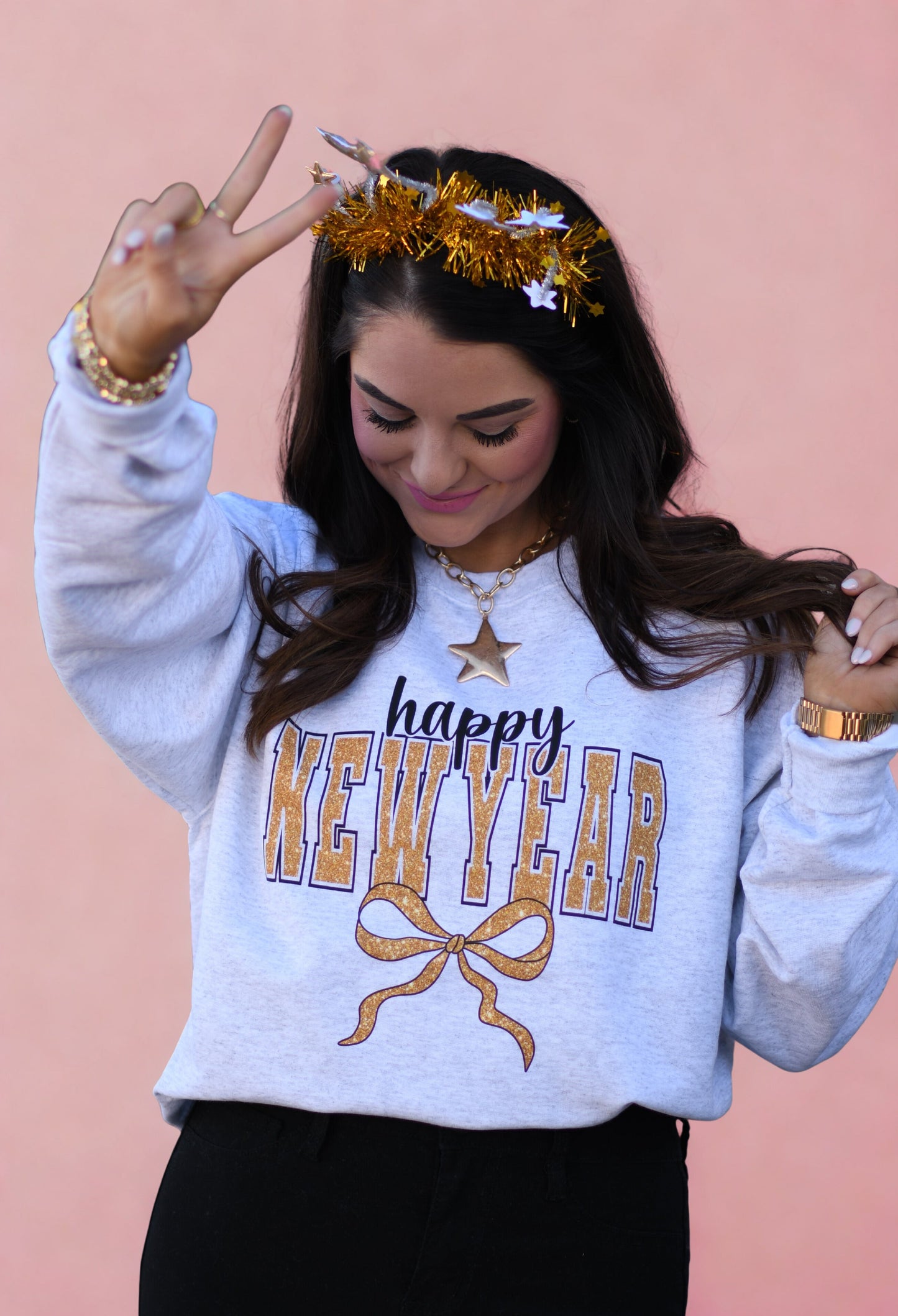 Happy New Year Faux Glitter Bow Sweatshirt