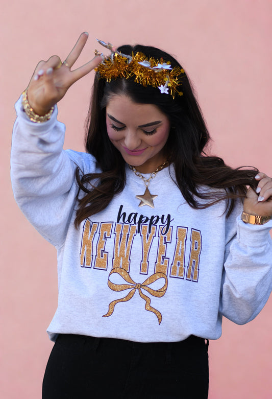 Happy New Year Faux Glitter Bow Sweatshirt